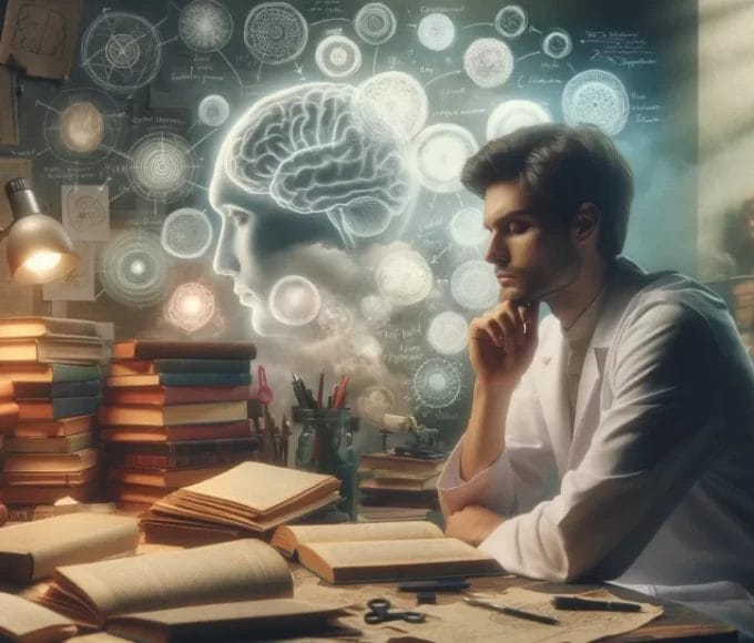 A serene and thoughtful scientist in a cluttered book filled study poring over volumes and notes on cognitive dream theory with diagrams of the brain. Dreamy Meditation