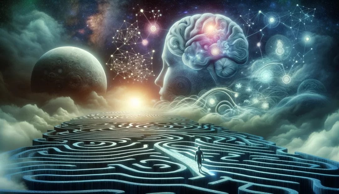 A serene landscape with a maze that visually represents the complex intertwining of cognitive dream theory processes and dream content. Dreamy Meditation