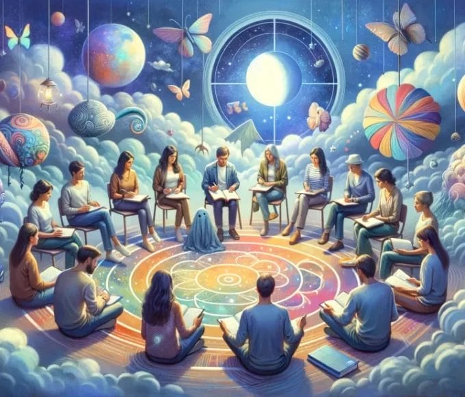 A serene scene where individuals are seated in a circle deeply engrossed in sharing and interpreting their dreams with Cognitive Dream Theory Practical Applications. Dreamy Meditation