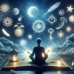 Visualize a serene scene where a person sits under a starry night sky a book of dreams on their lap. Theyre surrounded by symbols from various dreams. Dreamy Meditation